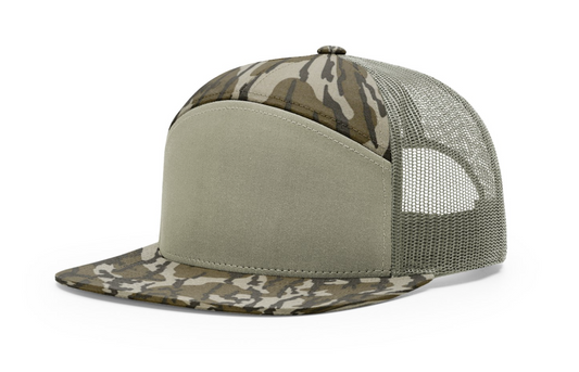 168p Mossy Oak Bottomlands Loden PRINTED 7 PANEL TRUCKER Hat